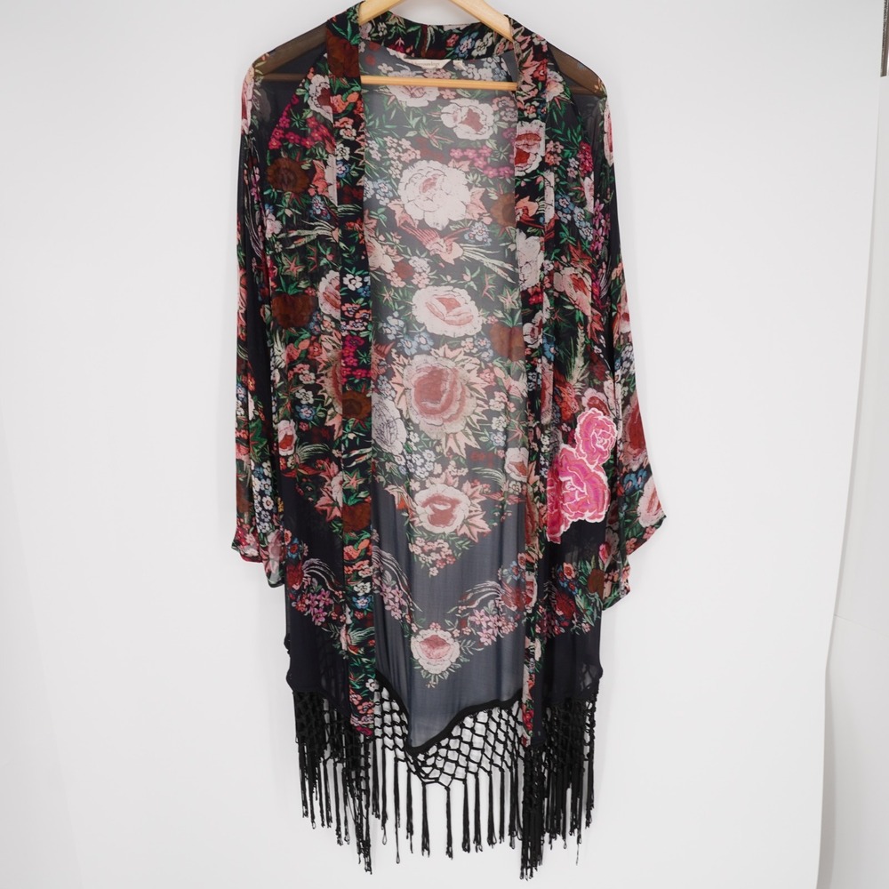 Soft Surroundings Boho Floral Kimono Women L Black Fringe Embroidered Open Sheer